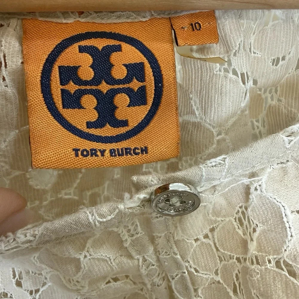 Tory‎ Burch Lace Blouse Top 10 Beige Neutral Cottage Whimsical Coastal Peasant